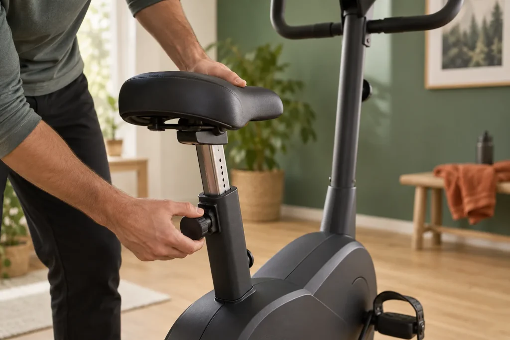 Réglage en hauteur de la selle d’un vélo d’appartement.