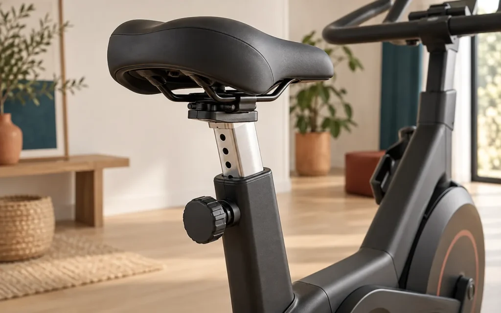 Illustration de principe : détail de la selle et de sa molette de hauteur sur un vélo d’appartement générique.