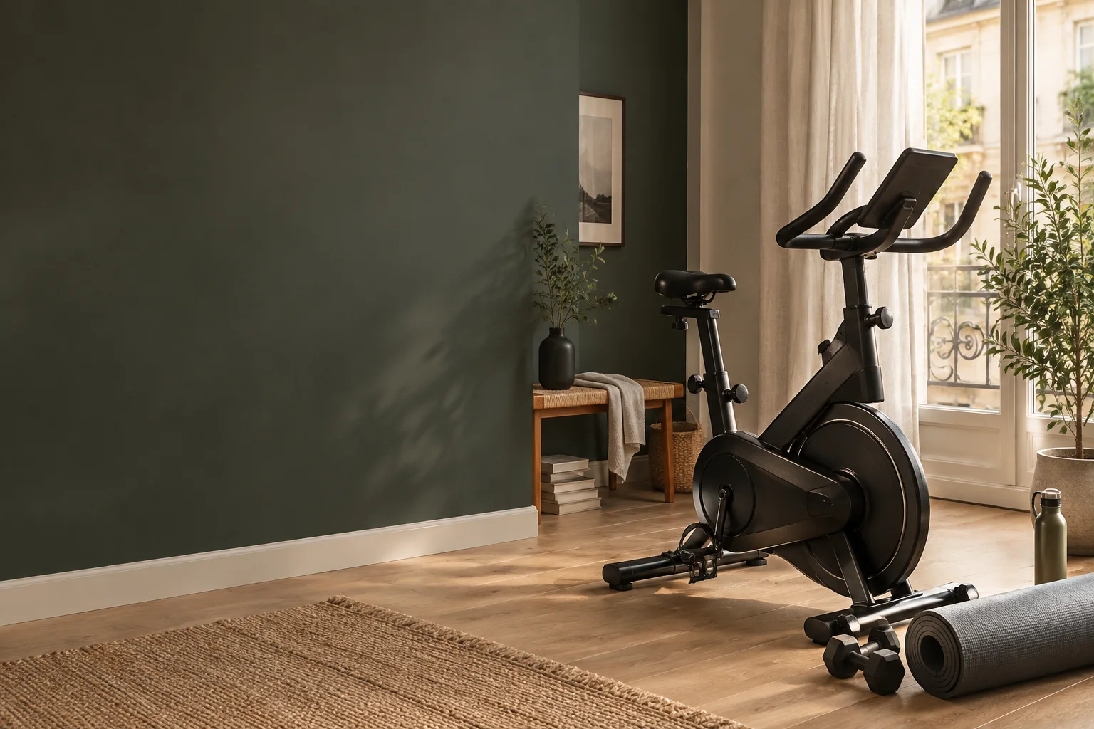 Un vélo d’intérieur installé dans une pièce lumineuse